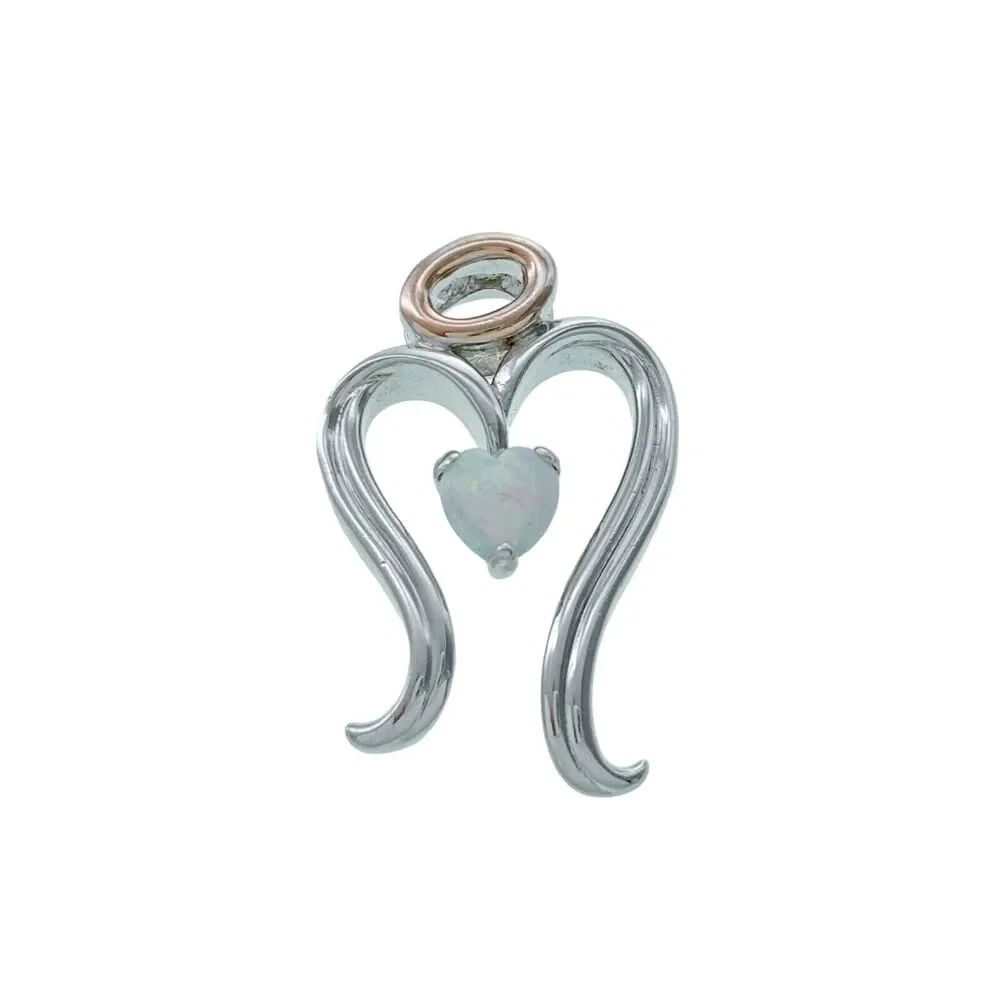 Vintage Sterling Silver 925 Opal Heart Gold Tone Halo Angel Pendant